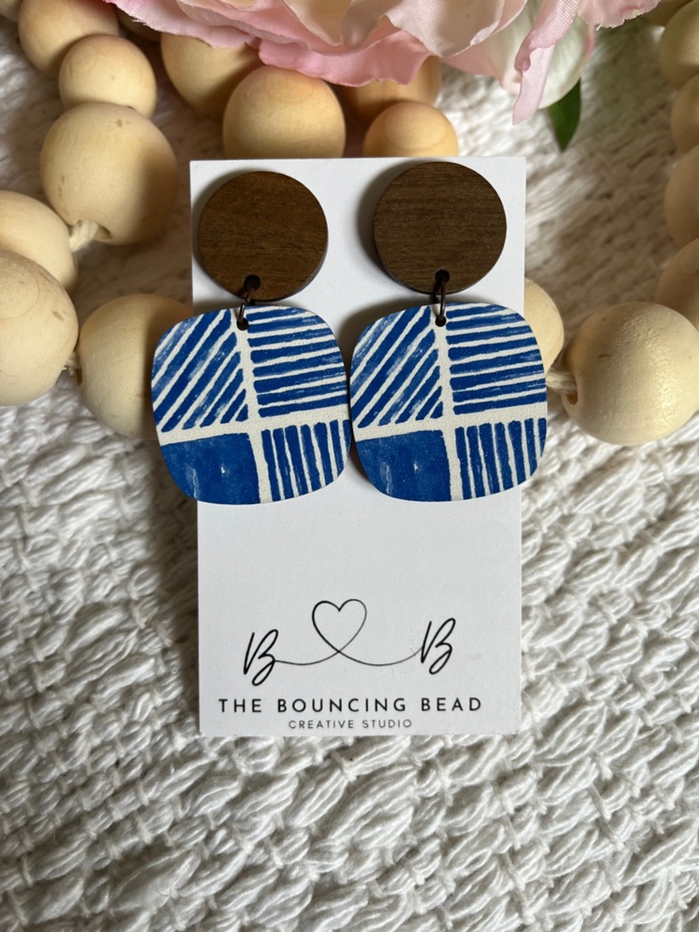 The Bouncing Bead Blue & Wood Geometric Dangle Earrings